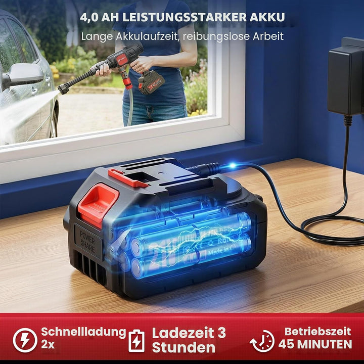 Andeman 42 Bar Akku Hochdruckreiniger mit 4h Laufzeit – 3,0Ah Akku, 6-in-1 Düse &amp; 5m Schlauch für Au