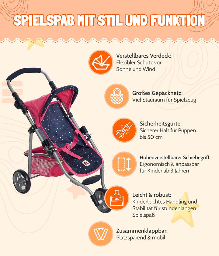 Bayer Chic 2000 - Puppenbuggy Lola, Kinderwagen für Puppen bis ca. 50 cm Grösse, Jogging-Buggy, Pupp