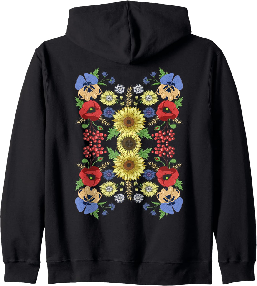 Sonnenblumenmohn & Viburnum Ukrainischer Vyshyvanka-Stil Kapuzenjacke