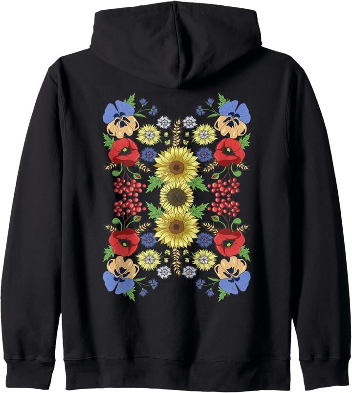 Sonnenblumenmohn & Viburnum Ukrainischer Vyshyvanka-Stil Kapuzenjacke