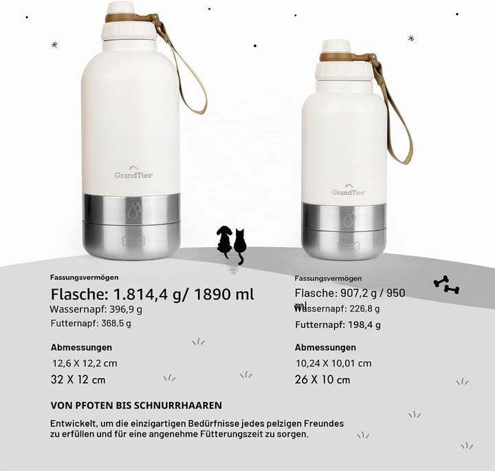 GrandTies Isolierte tragbare Hundewasserflasche mit 2 abnehmbaren Hundenapfspender, auslaufsicherer
