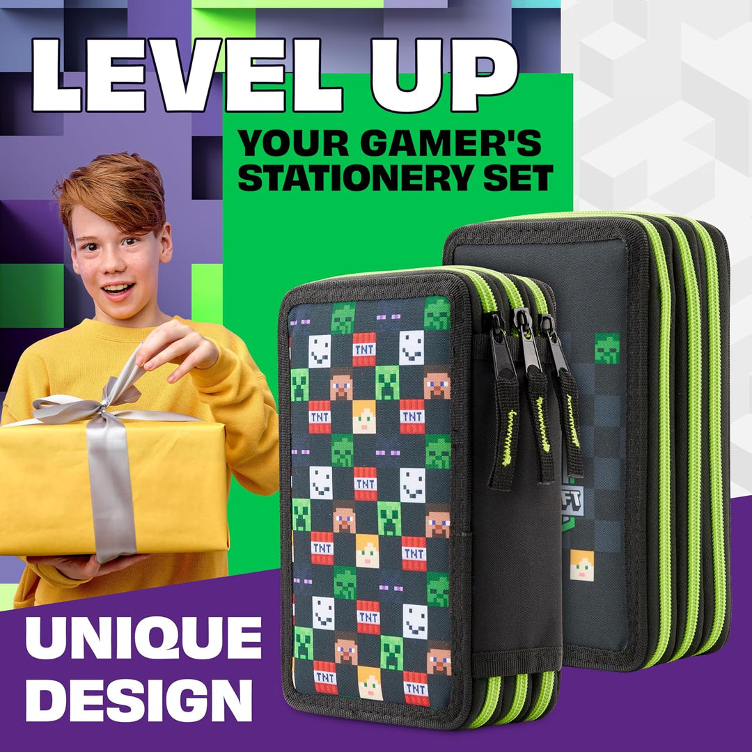 Minecraft Federmäppchen Jungen und Mädchen Mäppchen Gefüllt Creeper Federmappe mit Schreibwaren Game