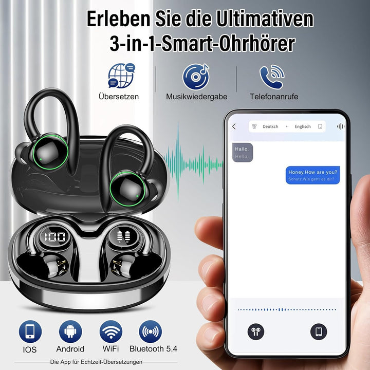 AI Kopfhörer Übersetzer, 3-in-1 Bluetooth 5.4 Echtzeit Sprachübersetzungs Kopfhörer, 164 Sprachen (m