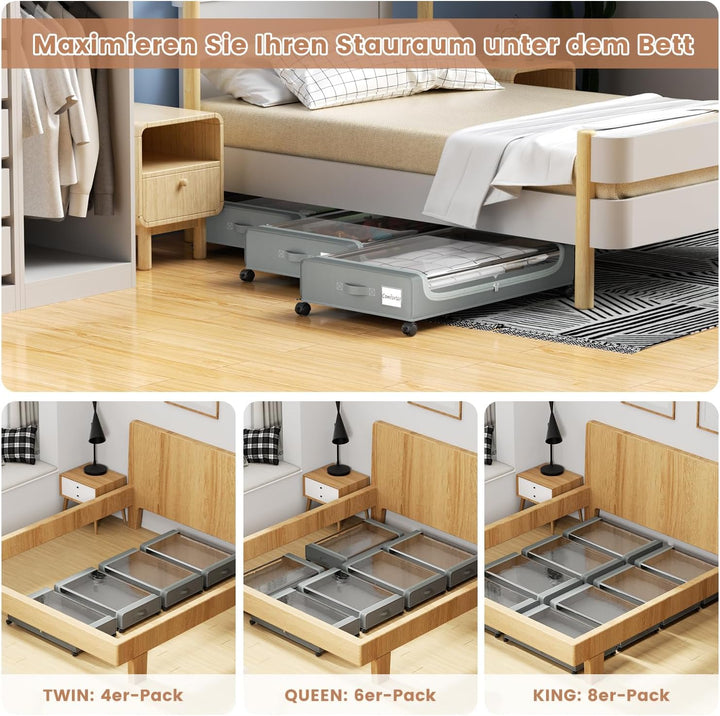 PHINOX Unterbett-Aufbewahrungsbox mit Rollen,4 Stück (74x42x16cm) - Graue Aufbewahrungsbox mit Klars