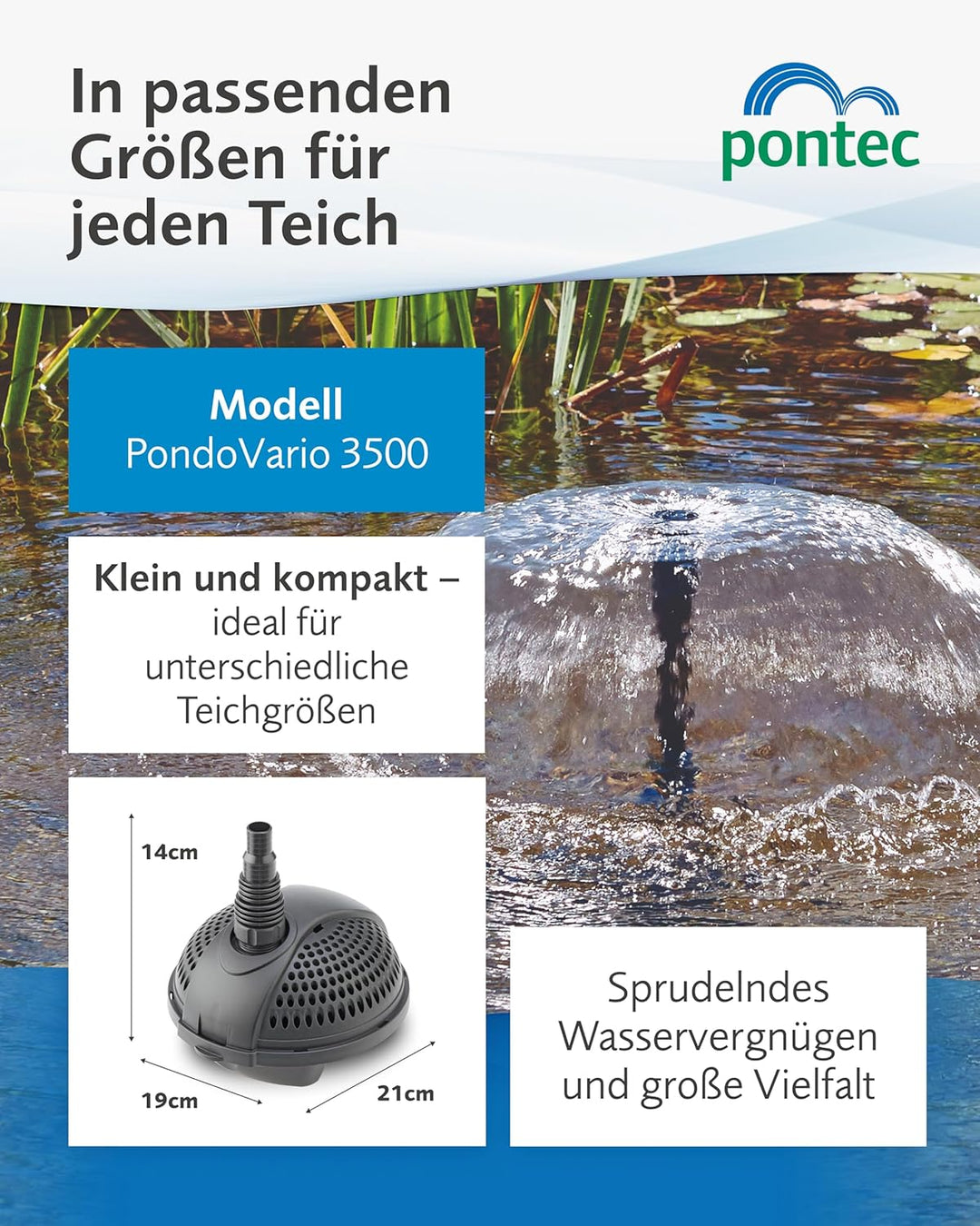 Pontec 56477 PondoVario 3500 - Wasserspielpumpe für den Einsatz in Gartenteich und Zierbrunnen / Tei
