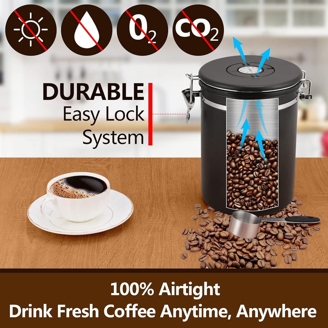 ZWOOS Kaffeedose Luftdicht 1kg - Kaffeebohnen Behälter aus Edelstahl mit CO2-Ventil - mit Messlöffel