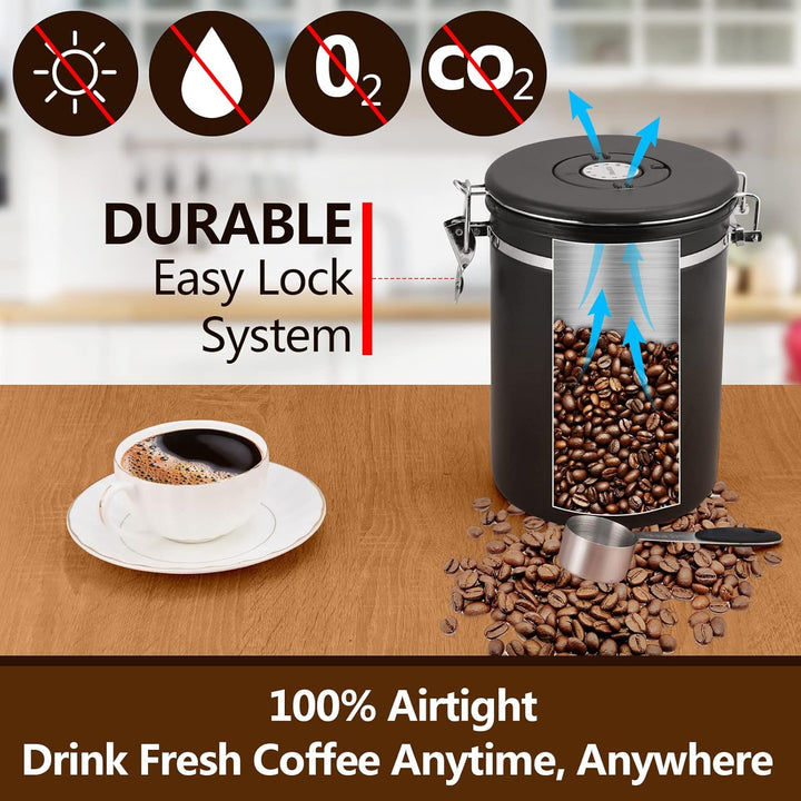 ZWOOS Kaffeedose Luftdicht 1kg - Kaffeebohnen Behälter aus Edelstahl mit CO2-Ventil - mit Messlöffel