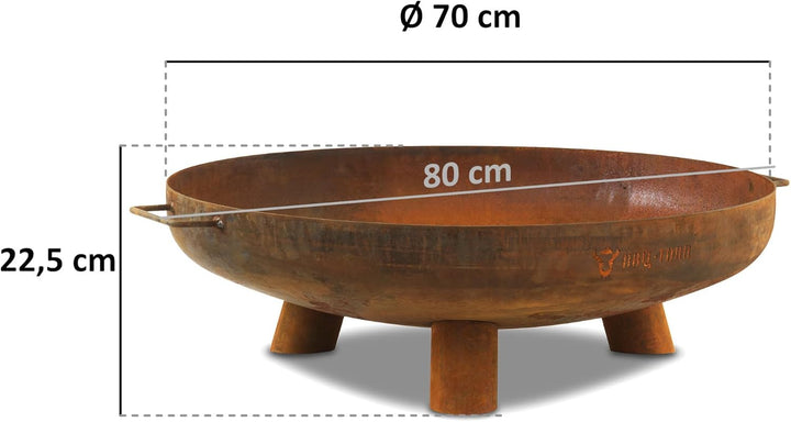 BBQ-Toro Feuerschale Ø 70 cm | Rostoptik | Outdoor Feuerstelle mit DREI Standbeinen und Zwei Griffen