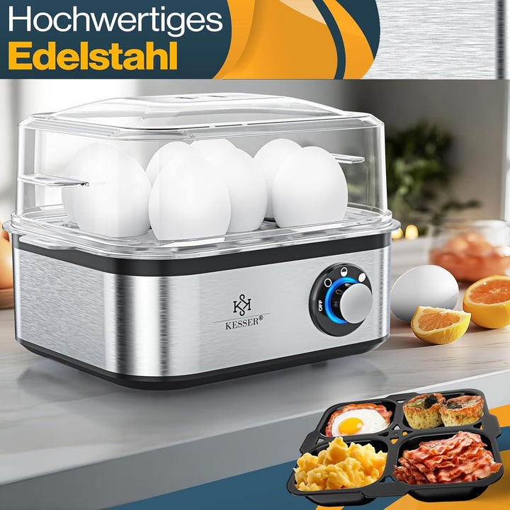 KESSER® Eierkocher für 1 bis 8 Eier elektrisch aus Edelstahl 500W & Warmhaltefunktion | LED-Drehscha