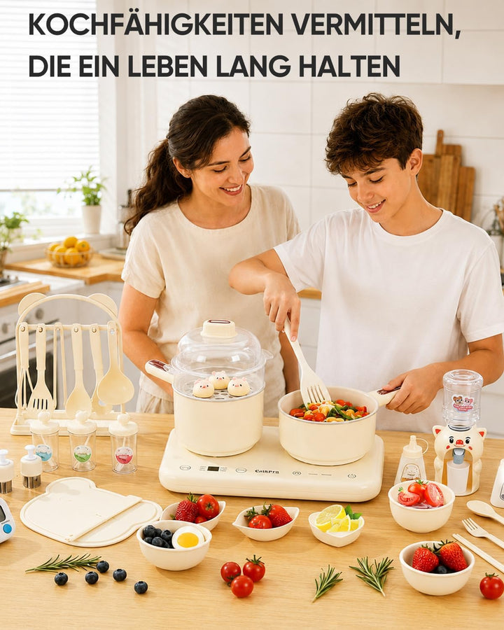 Kinder Elektro-Kochset mit Doppel Kochfeldern – Komplettes kinderküche zubehör inklusive Kochgeschir