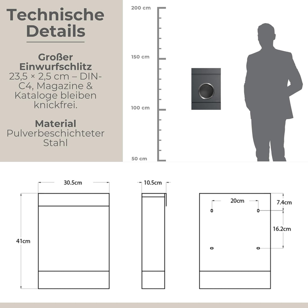 Radius Design Briefkasten Letterman MB mit Bullauge & Zeitungsfach - Wandbriefkasten aus Stahl - gro