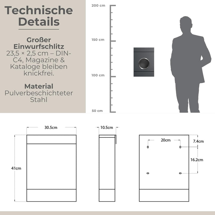 Radius Design Briefkasten Letterman MB mit Bullauge & Zeitungsfach - Wandbriefkasten aus Stahl - gro