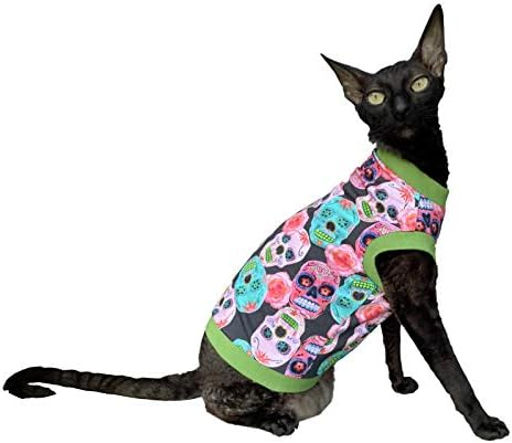 Kotomoda T-Shirt fьr Sphynx-Katzen, haarlos, Baumwolle, Stretch, mexikanische Schдdel, Grцяe S, S