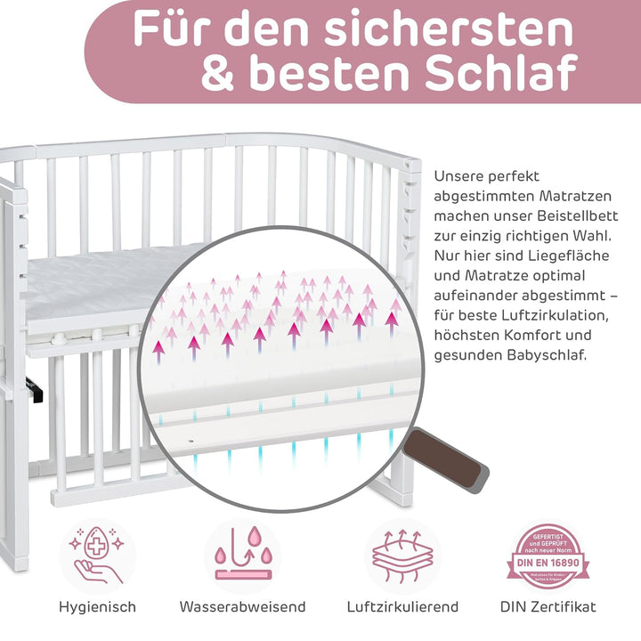 babybay Maxi Comfort Plus Beistellbett & Stubenwagen aus massivem Buchenholz/Zustellbett mit Verschl