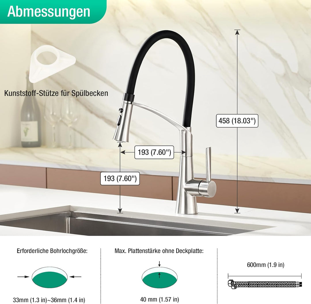 CREA Wasserhahn Küche mit 2 Funktionen Brause, Küchenarmatur mit Ausziehbarer Brause, 360° Drehbare