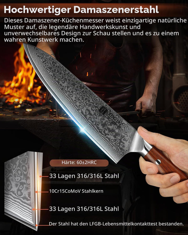 XINZUO 21cm Damaskus Chefmesser -Multifunktions 67 Schichten Damaststahl Kochmesser für Fleisch, Fis