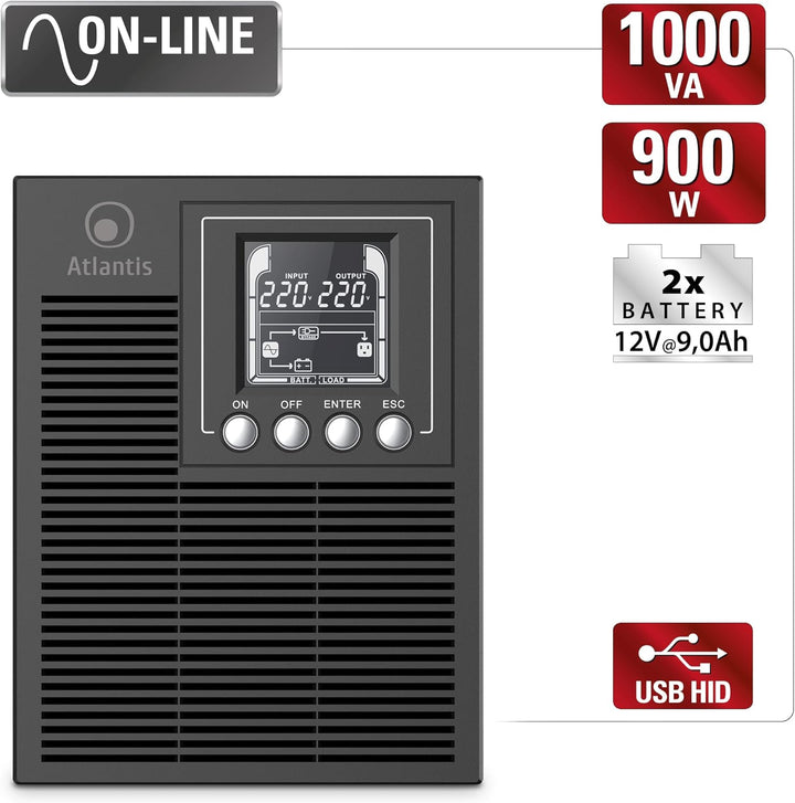 Atlantis A03-OP1002 USV OnLine USV-Server Doppelwandler Reine Sinuswelle 1000VA 900W, Tower, LCD-Dis