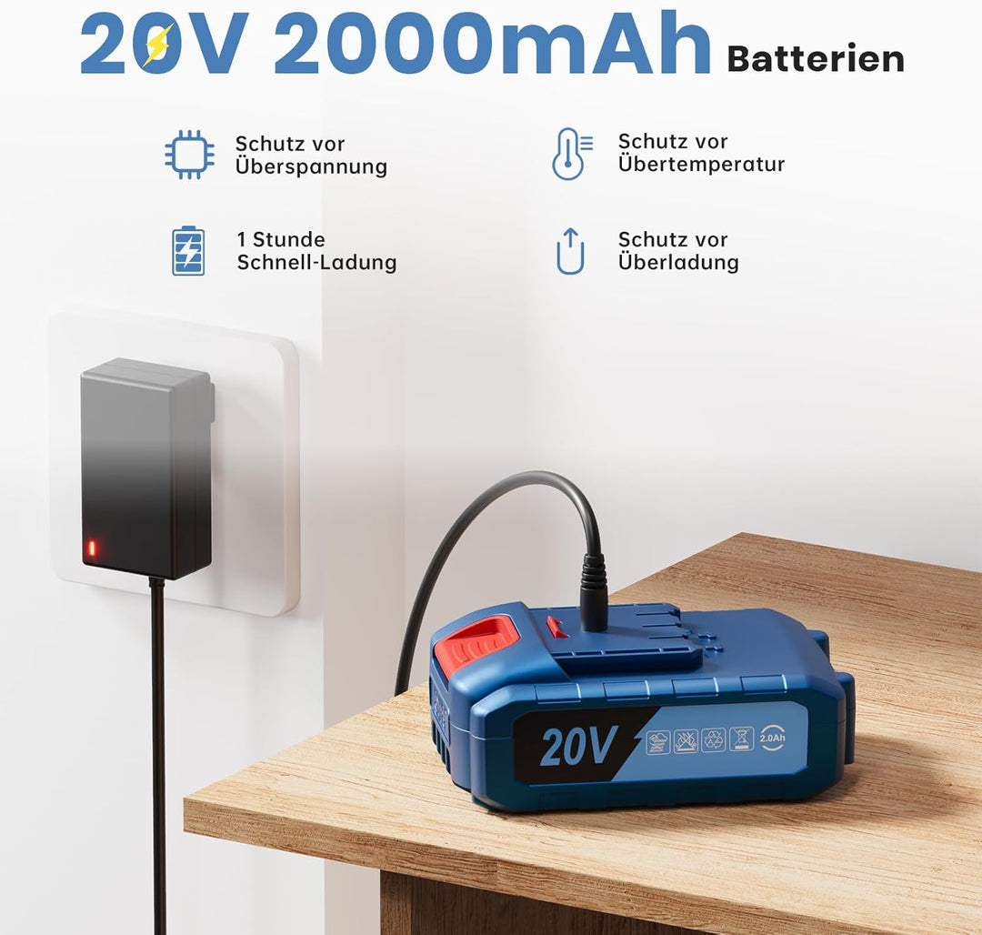 Akkuschrauber 20V, Akku Bohrschrauber Set, Akkubohrer mit 2000mAh Akkus und 75 Stück Zubehör, 42Nm D
