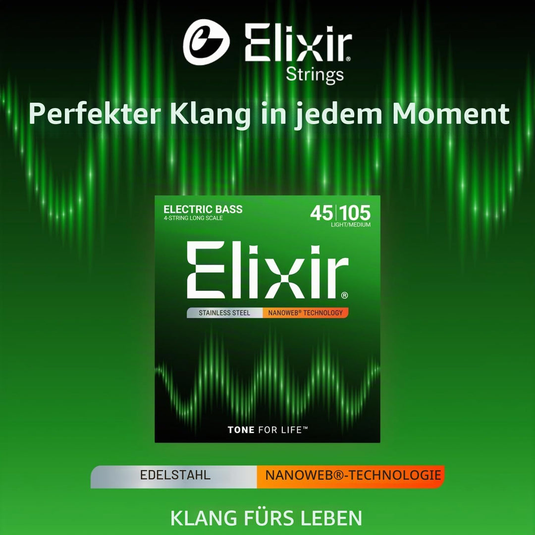 Elixir 14677 Saiten Stainless-Steel 4-str. E-Basssaiten mit NANOWEB Beschichtung, Long Scale, Light/