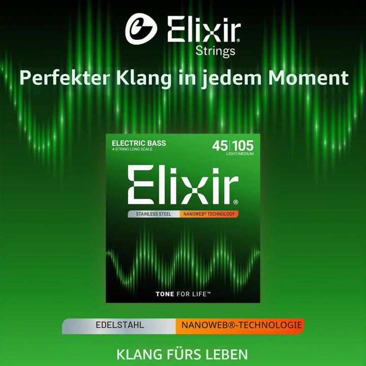 Elixir 14677 Saiten Stainless-Steel 4-str. E-Basssaiten mit NANOWEB Beschichtung, Long Scale, Light/