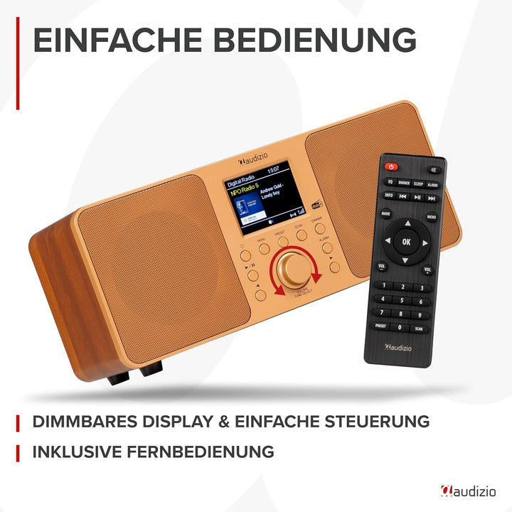 Audizio Genua DAB Radio mit Bluetooth – Stereo DAB Plus Radio mit Fernbedienung, 60 Speicherplätze,