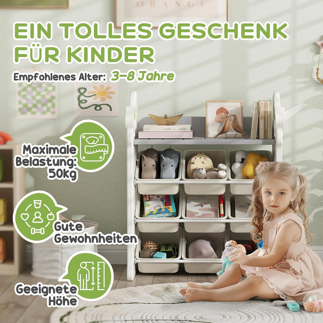 AIYAPLAY Kinderregal 4-Stufiges Spielzeugregal mit 9 Herausnehmbaren Boxen, Ablage, Haken, Kinderzim