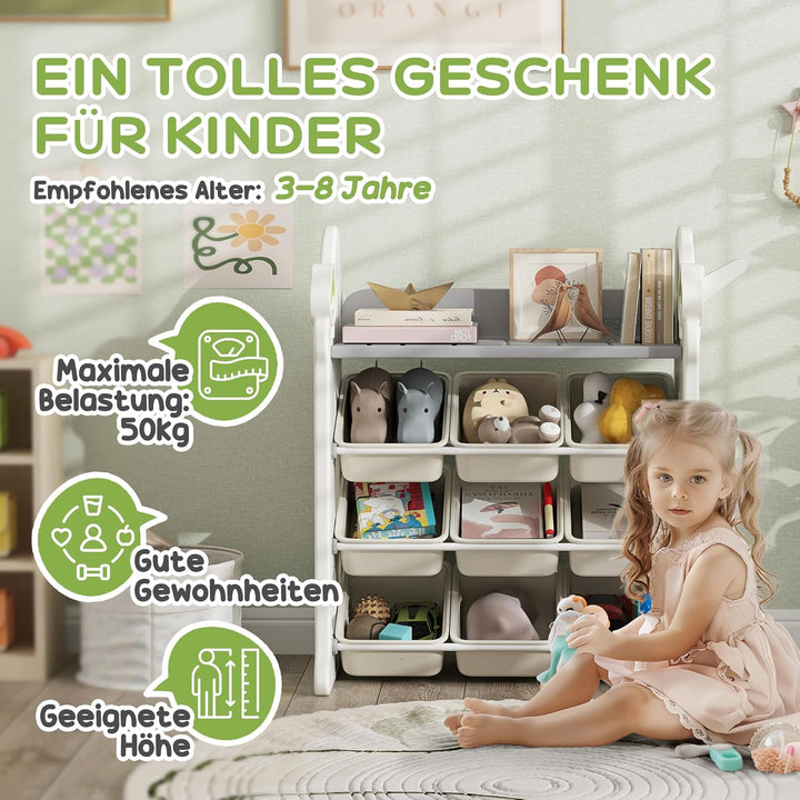 AIYAPLAY Kinderregal 4-Stufiges Spielzeugregal mit 9 Herausnehmbaren Boxen, Ablage, Haken, Kinderzim