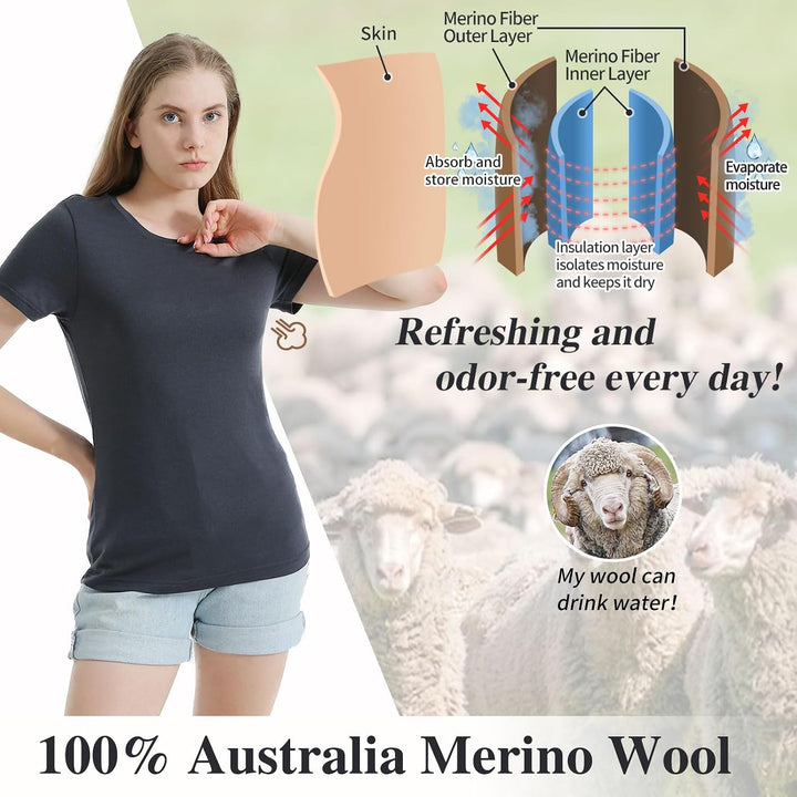 Merino Protect 100% Merino Wolle Shirt Damen Kurzarm Rundhals Wolle Unterhemd Geruchsresistenz Funkt