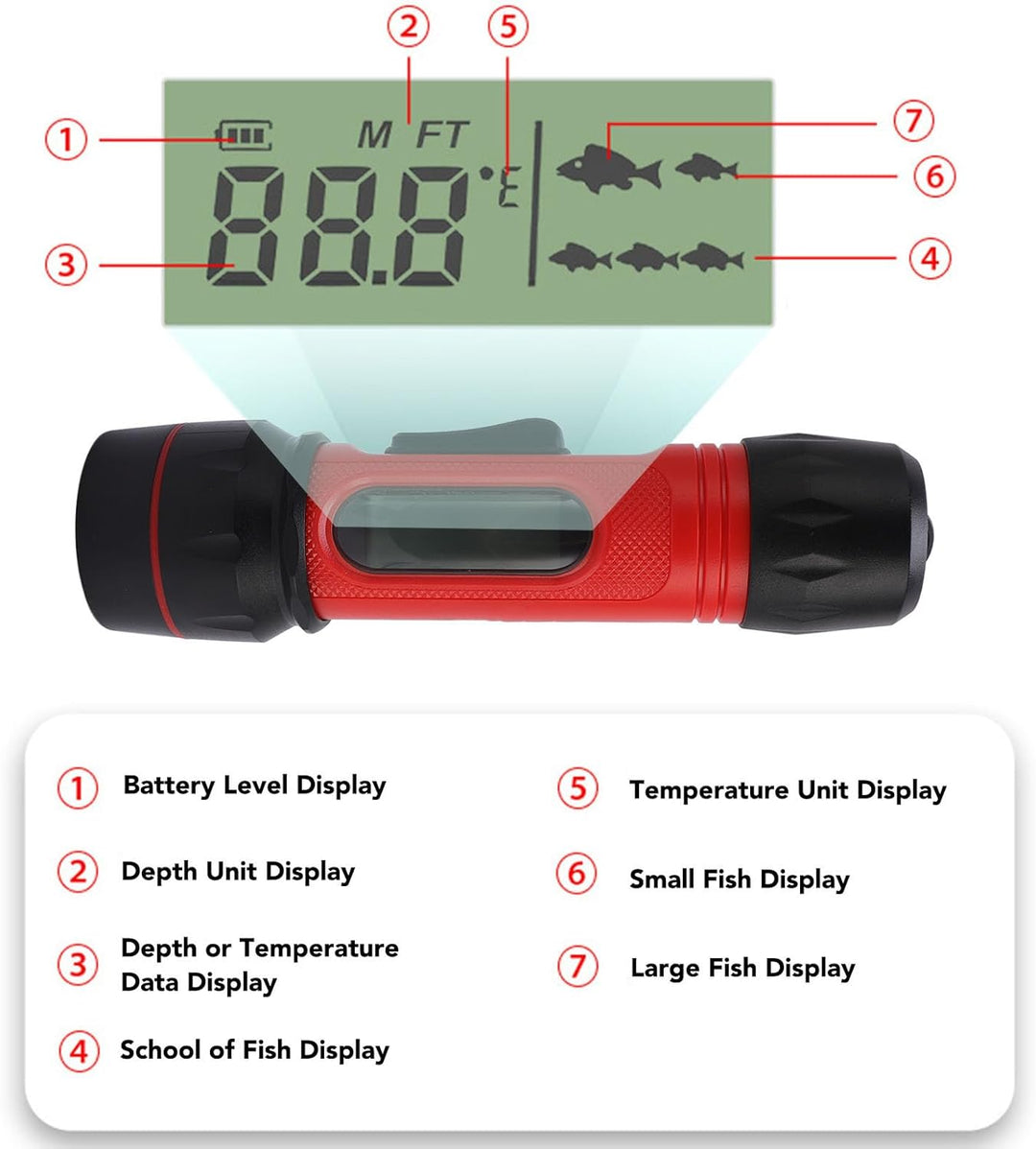 Sonar Fish Finder, Drahtloser Wasserfischfischfischfinder mit LCD -Display, 295,3 Fuss Range, Handhe