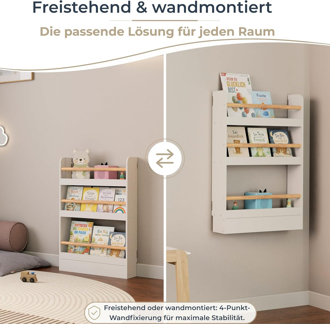 Bücherregal Kinder mit 3 Ablagen, Montessori Kinderbücherregal zur Wandmontage, Wandregal für Bücher
