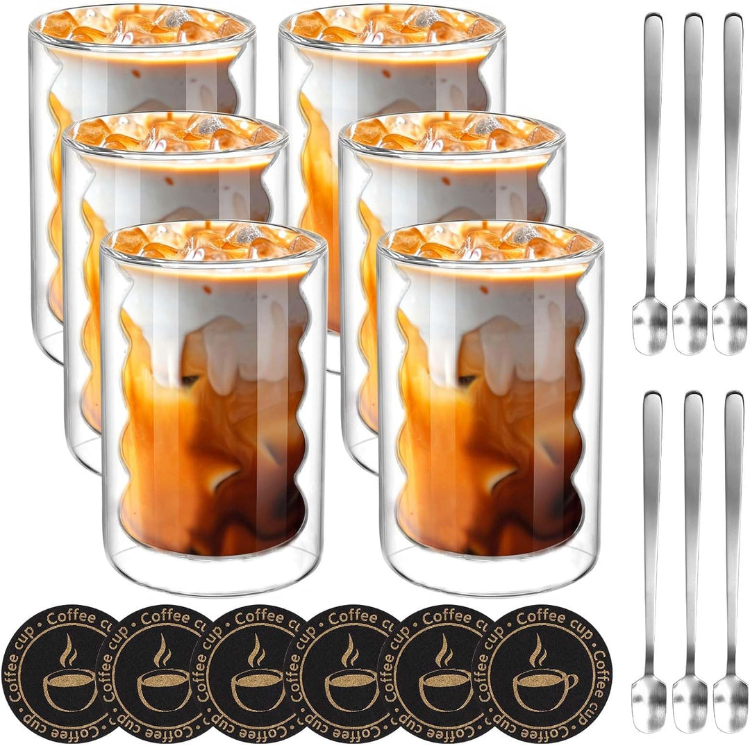 Mkitnvy 6er Set Latte Macchiato GläSer,350ML Doppelwandige GläSer mit 6 Löffeln und 6 Untersetzern,