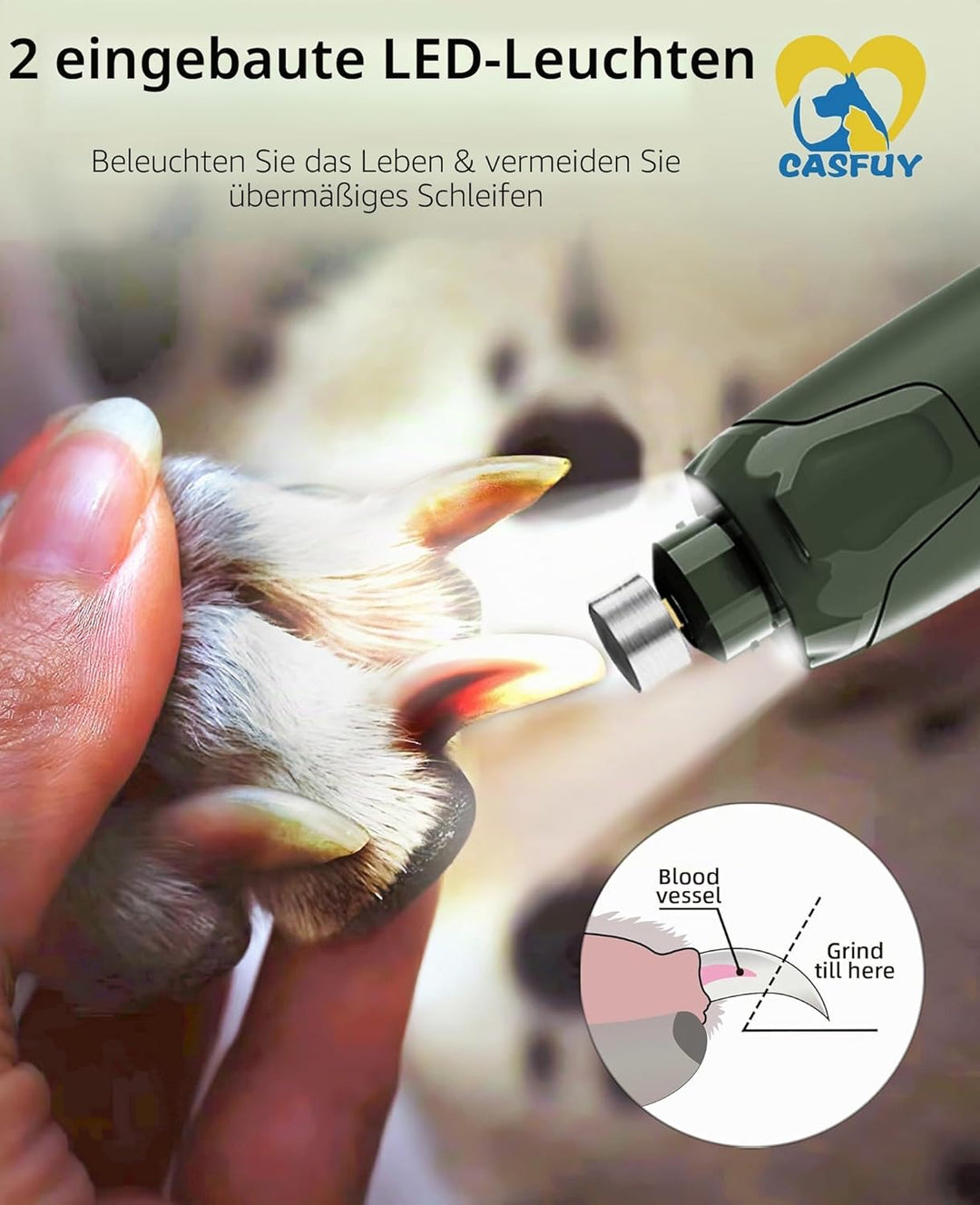 Casfuy Krallenschleifer für Hunde - (45 dB) 6-Gang-Haustier-Krallenschleifer mit 2 LED-Lichtern für