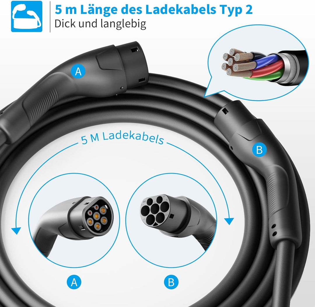 Rosaking Typ 2 Ladekabel 22kW,5M EV Ladekabel mit 3 Phasen＆IEC 62196,32A Elektrofahrzeuge Ladekabel