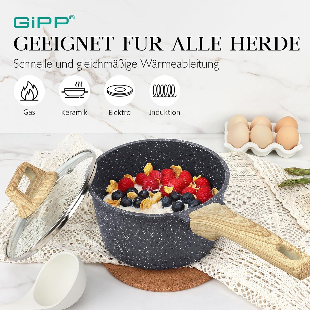 GiPP Kasserolle mit Deckel 18cm Kleiner, Topf Induktion Stielkasserolle, Granit-Antihaftbeschichtete