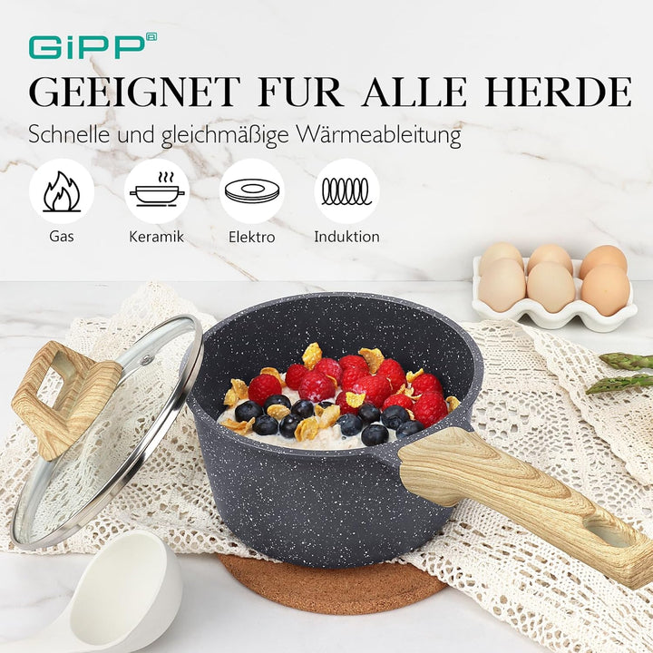 GiPP Kasserolle mit Deckel 18cm Kleiner, Topf Induktion Stielkasserolle, Granit-Antihaftbeschichtete