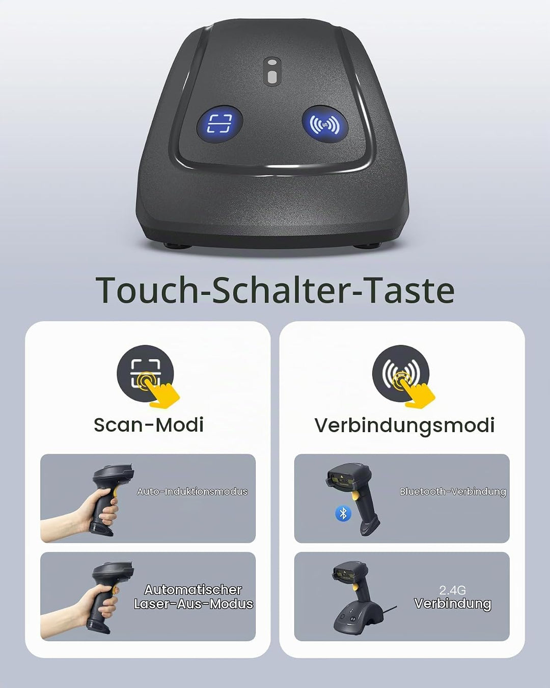 Inateck Barcode Scanner Kabellose, QR Code Scanner mit Smart Base, 1D/2D, Bluetooth/2.4G/USB 3-in-1-