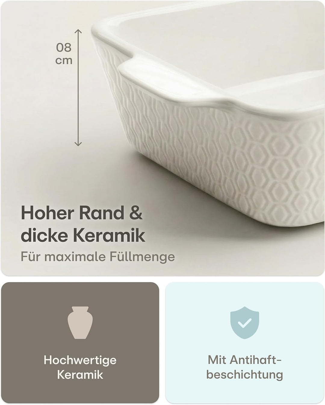 Auflaufform Gross aus Keramik - Für Lasagne, Tiramisu & Auflauf - Extra Hoher Rand - Eckig - Weiss,