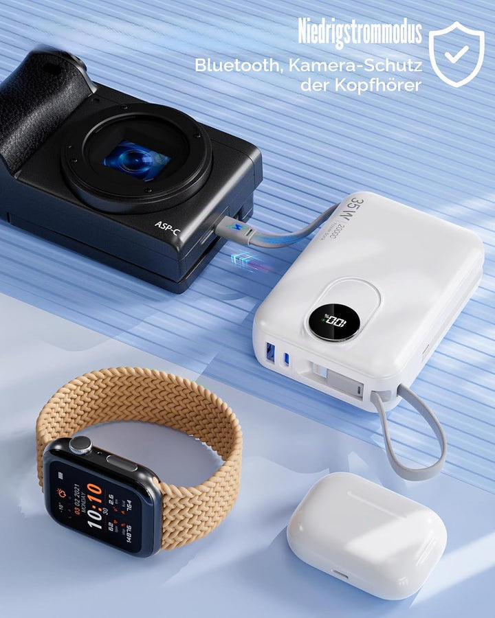 20.000 mAh Powerbank mit integrierten Kabeln: Externer Akku mit 22,5 W Schnellladung für Handy, USB