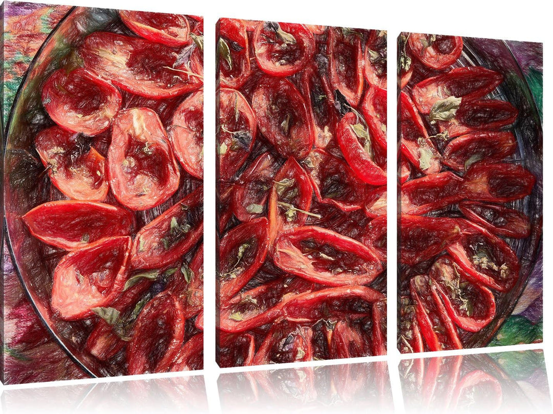 Pixxprint Tomaten Olivenöl Kräuter / 3-Teilig/Gesamtmass 120cm Leinwandbild bespannt auf Holzrahmen/