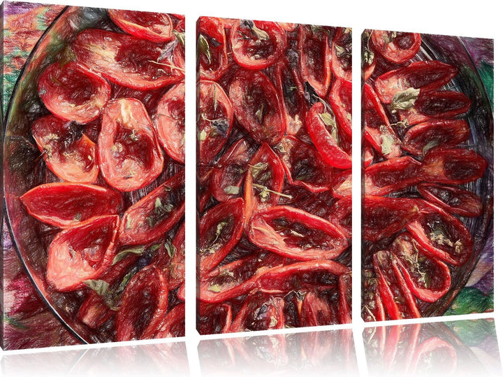Pixxprint Tomaten Olivenöl Kräuter / 3-Teilig/Gesamtmass 120cm Leinwandbild bespannt auf Holzrahmen/