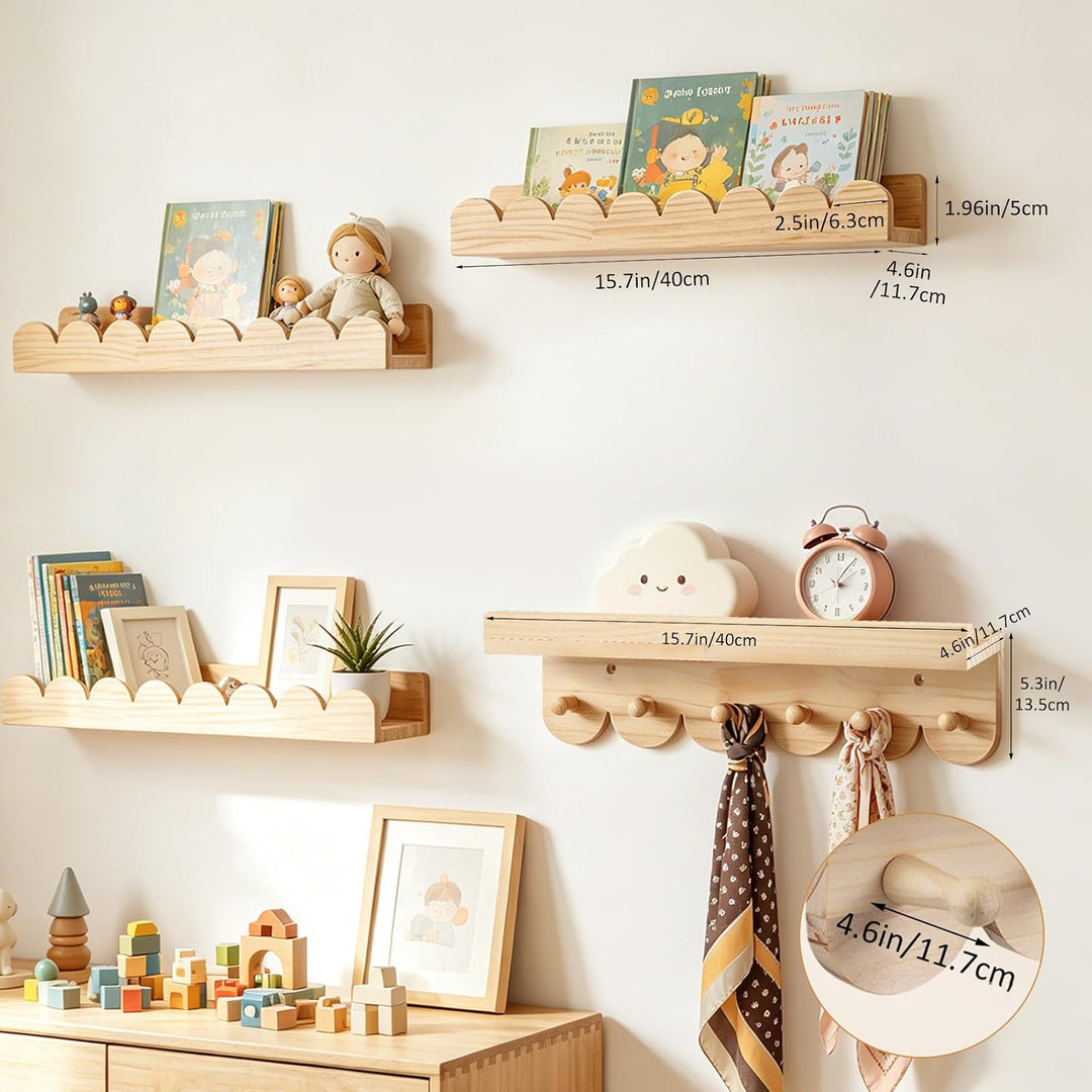 4er Set Wandregal Kinderzimmer - Naturholz Wolke Design+ Garderobe, Bücherregal Wand aus Massivholz,