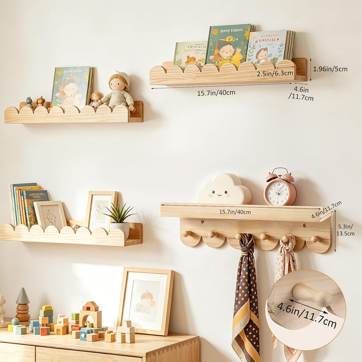 4er Set Wandregal Kinderzimmer - Naturholz Wolke Design+ Garderobe, Bücherregal Wand aus Massivholz,