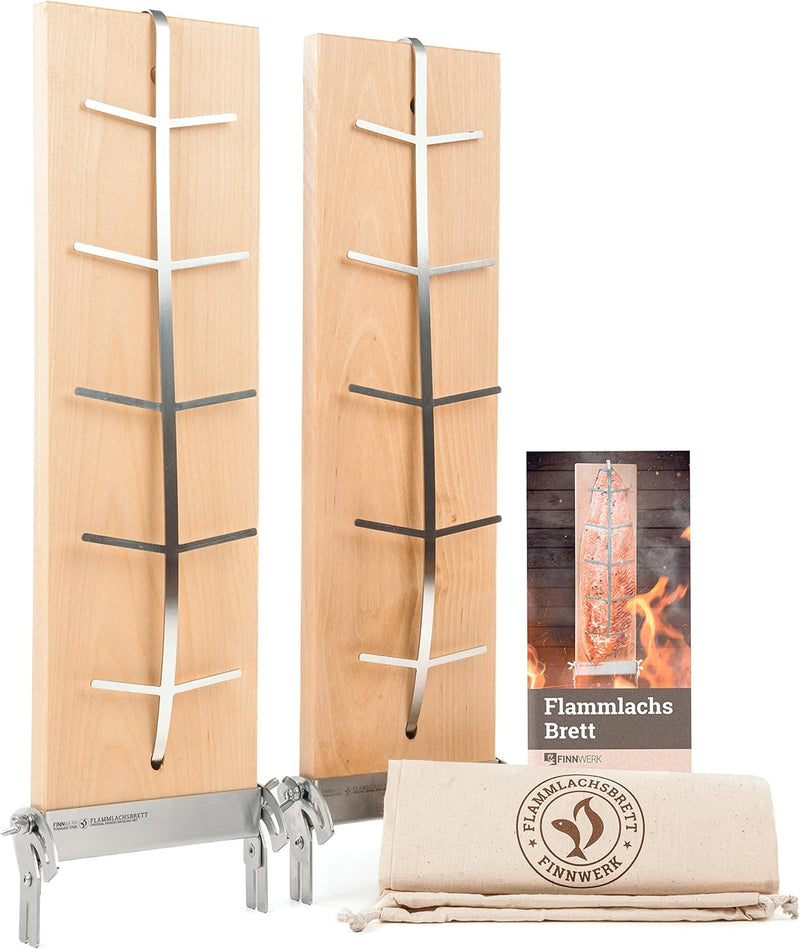 FINNWERK Flammlachsbrett - Flammlachsbretter mit Halterung aus Edelstahl - Perfekte Lachsbretter zum