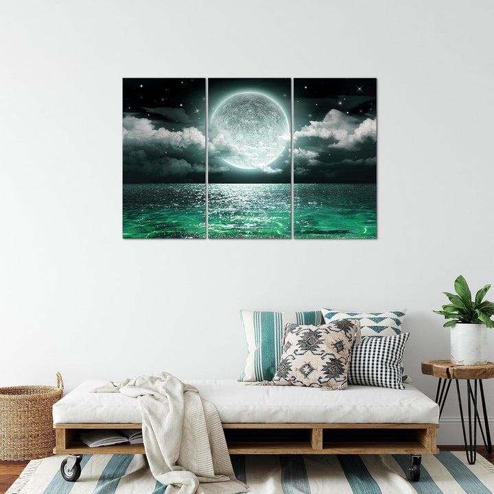Runa Art Wandbilder Vollmond Meer Bild XXL Wohnzimmer Schlafzimmer Grün Grau Panorama 120 x 80 cm 3