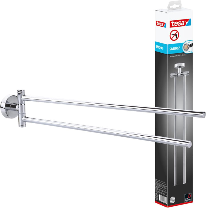 tesa SMOOZ Bad Handtuchhalter, 2-armig und schwenkbar, verchromt - zur Wandbefestigung ohne Bohren,