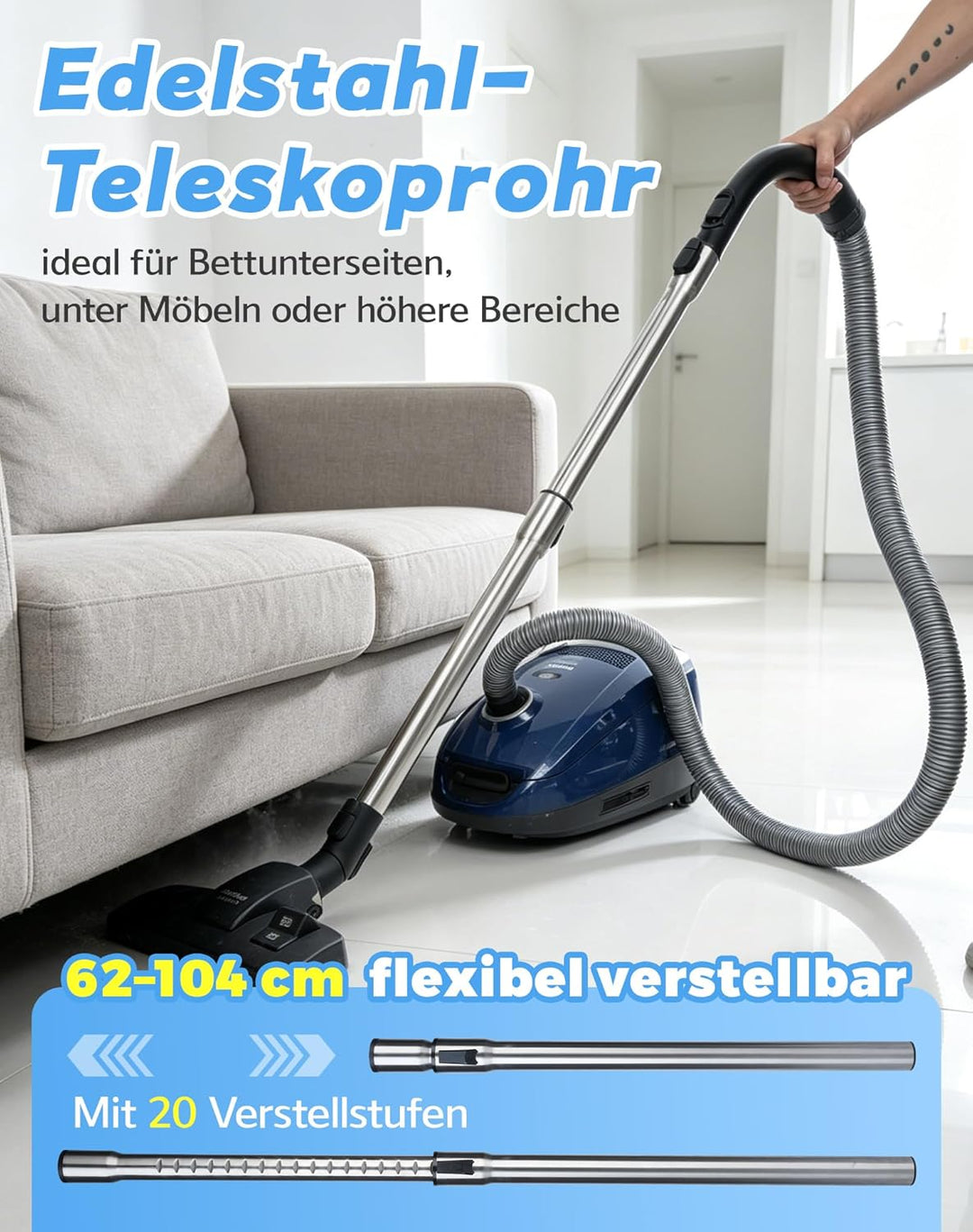 Edelstahl Staubsaugerrohr 35mm Teleskoprohr für Miele mit Klick System Kompatibel mit Miele Staubsau