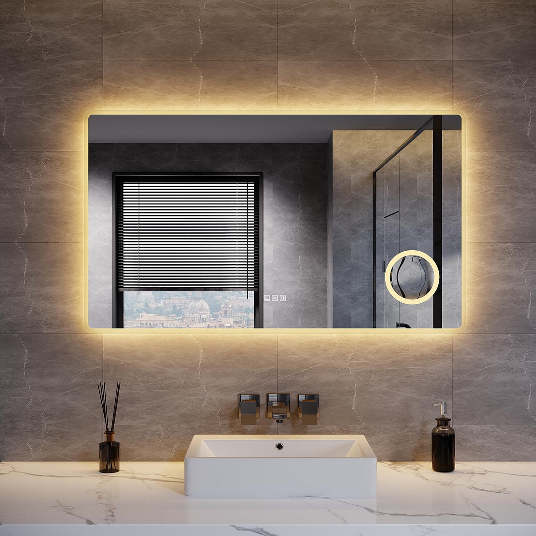 LED Badspiegel 100 x 60 cm Spiegel Bad mit Beleuchtung, 3 Farbe modi, Steckdose, 3X Lupe, Anti-Besch