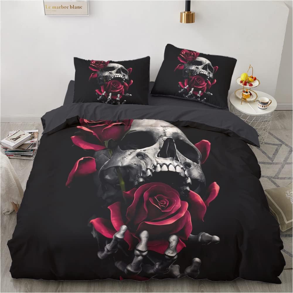 Luowei Bettwäsche Totenkopf 200x200 Gothic Schädel Rosen Halloween Microfaser Bettbezug Set Weiche K