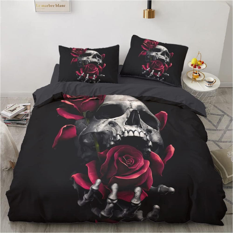 Luowei Totenkopf Bettwäsche 200x220 Gothic Skull Rosen Bettbezug Set Weiche Komfort Microfaser Bettw