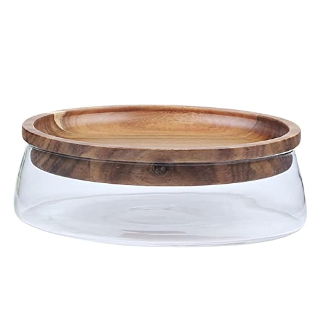 Obstschale, Glasschale mit Holzdeckel, stilvoller Obstkorb aus Glas, doppelt verglaste Schale für Tr